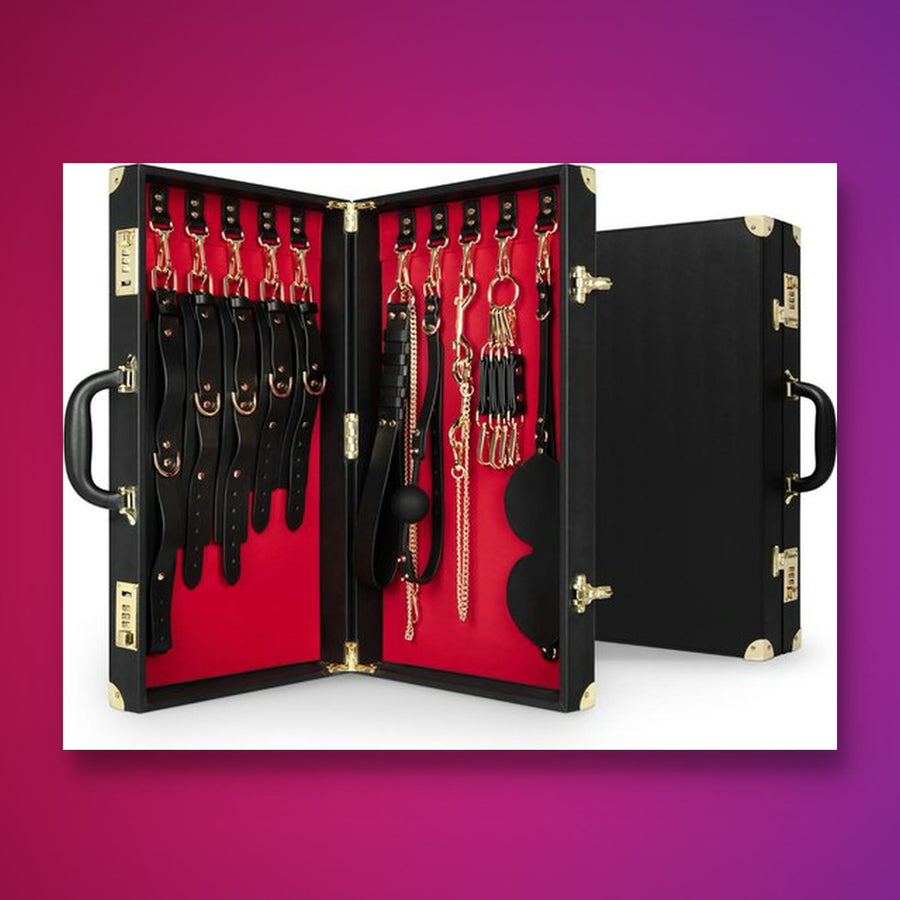BDSM Case – Complete Bondage Kit on a pink studio backdrop