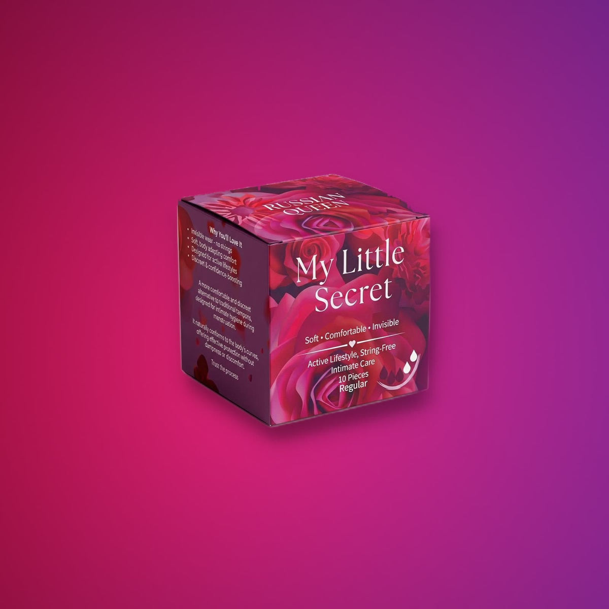 My Little Secret string-free sponge tampons box on a pink backdrop