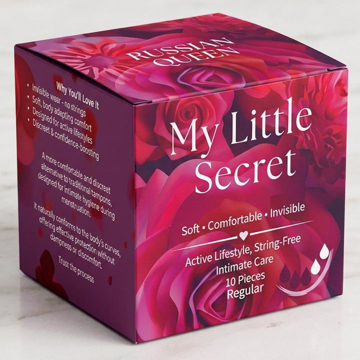 My Little Secret sponge tampons box on a marble table