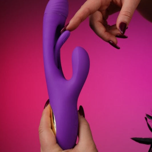 The Rocket G – 3-in-1 Rabbit Vibrator on a pink studio backdrop
